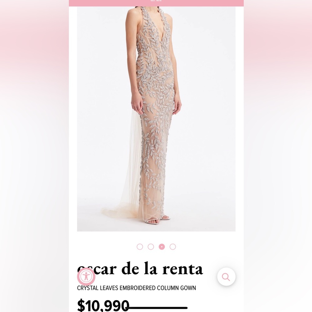 Oscar de la Renta Silver Embroidered Maxi Dress